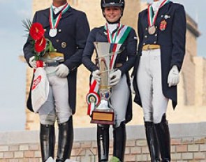 The Grand Prix podium at 2016 Hungarian Dressage Championships: Robert Acs, Nikolett Szalai, Emese Vagi :: Photo © Anett Somogyvari