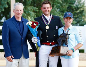 Nicholas Hansen receives the Fiona Baan award from Stephan Hienzsch and Roberta Williams at the 2016 North American Young Riders Championships :: Photo © Sue Stickle