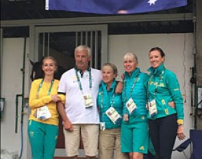 The Australian dressage team with Kristy Oatley, team trainer Ton de Ridder, Sue Hearn, Mary Hanna, and Lyndal Oatley