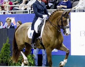 British Grand Prix Rider Louisa-Marcelle Eadie competed at the CenturyLink Center Omaha, she placed 7th on 13-year-old KWPN gelding Baltazar, aka “Butters” (Idocus x Notaris) owned by Frederike Kurowski Cardello :: Photo © Sue Stickle