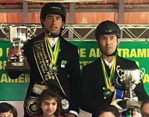 Leandro Aparecido da Silva and Mauro Pereira da Silva Junior on the Grand Prix podium at the 2016 Brazilian Dressage Championships in Sao Paulo