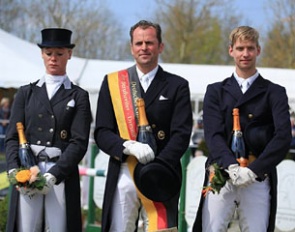 Marion Wiebusch, Heiner Schiergen and Tobias Nabben on the podium at the 2016 German Championships for Professional Dressage Riders :: Photo courtesy Massener Heide