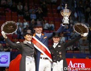 The 2016 World Cup Finals podium: Tinne Vilhelmson-Silfven, Hans Peter Minderhoud, Jessica von Bredow-Werndl :: Photo © Dirk Caremans