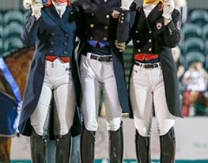 The kur podium at the 2016 CDIO Wellington Nations' Cup: Kasey Perry, Laura Graves, Belinda Trussell :: Photo © Sue Stickle