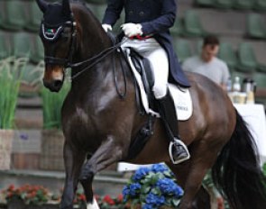 Gareth Hughes and Don Carissimo. The British team rider is quite tall for this sympathetic bay gelding, who willingly performed the Grand Prix movements. In the tempi changes, however, he looked a bit sour 