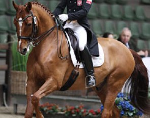 Poland's Rishat Sabitov on the Polish bred Azzaro. The gelding is very talented at Grand Prix but the piaffe is problematic and classically not correct with braking front legs and him leaning on the hindlegs (often seen with GP horses)