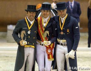The Grand Prix podium at the 2017 Spanish Dressage Championships: Claudio Castilla Ruiz, Beatriz Ferrer-Salat, Jordi Domingo Coll :: Photo © Lily Forado