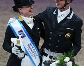 Isabell Werth and Carl Hester drenched in champagne