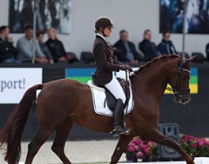 Belgian Larissa Pauluis on the Westfalian bred & SBS licensed stallion First Step Valentin (by Vitalis x Fidermark). The liver chestnut has a scopey, elegant trot with much shoulder freedom. The horse needs to get stronger in the back though