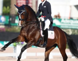 Megan Lane and Caravella had a stunning ride with incredibly uphill one tempi changes. They were sixth with 70.740% but could easily have scored two percent higher