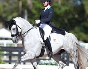 Adrienne Lyle on Harmony's Duvall. He is bred by the Malone family at Harmony Sport Horses in Colorado and sold as a 4-year old to Bob McDonald. As a 7-year old he was owned by Pam Jones and now he's owned by Kylie Lourie of Tyl Dressage Horses