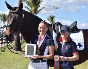 Catherine Malone (left) and her horse Dilona won the Piaffe Performance Adult Amateur Achievement Award, presented by Katie Riley of Piaffe Performance
