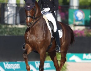 Arlene Page's Woodstock has gained much strength and muscle. The piaffes are still small with little lift in the front leg but the canter work is excellent