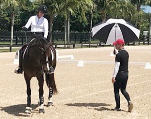 Tristan Tucker working with Eliane Cordia-van Reesema and Flynn during his showcase at Jewel Court Stud USA in Wellington, Florida