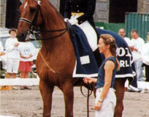 Charlotte Bredahl and Monsieur at the 1992 World Cup qualifier in Copenhagen, Denmark