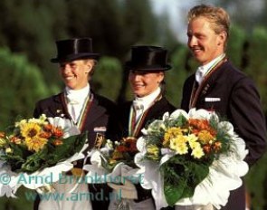 The individual podium at the 1995 European Championships: Van Grunsven, Werth, Rothenberger :: Photo © Arnd Bronkhorst