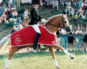 Jana Kun and Golden Dancer winning individual and team gold at the 1996 European Pony Championships in Bartahus, Denmark 