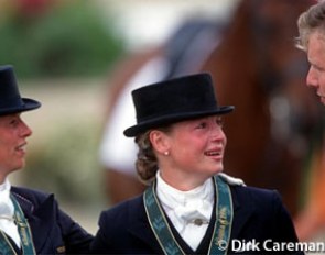 The 1996 Olympic medalists: Anky van Grunsven (silver), Isabell Werth (gold), Sven Rothenberger (bronze)