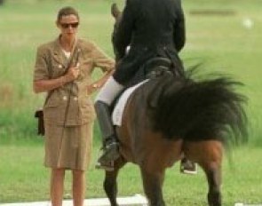 Coby van Baalen trains Delphine Meiresonne on Casper right before their winning ride at the 1998 European Pony Championships