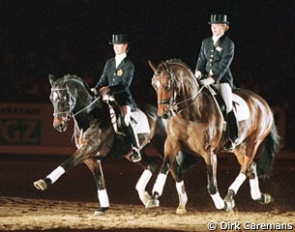 Delphine Meiresonne (on Noble Casper) and Marlies van Baalen (on Habibi) in a Pas de Deux at the 1998 CDI-W Maastricht :: Photo © Dirk Caremans