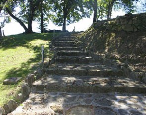 Steps from one of two gates leading to the main house. The second gate and driveway offer ground level access to the house