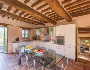 A fully equipped kitchen with dish washer, fridge and freezer, oven and a gas range with five burners
