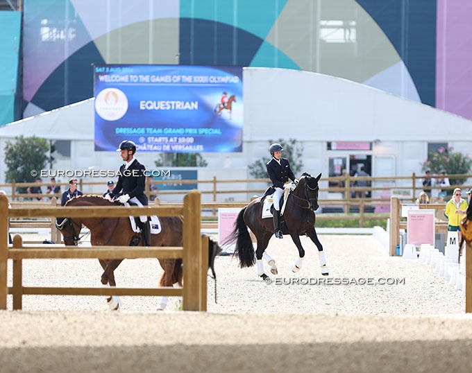 Riders warming-up in the training arena before entering the competition ring at the 2024 Olympic Games in Paris :: Photo © Astrid Appels