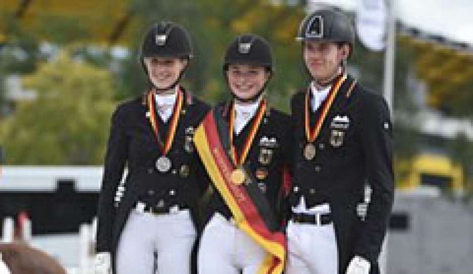 The Young Rider podium at the 2017 German Youth Championships in Aachen: Leonie Richter, Semmieke Rothenberger and Luca Michels on the podium :: Photo © Barbara Schnell