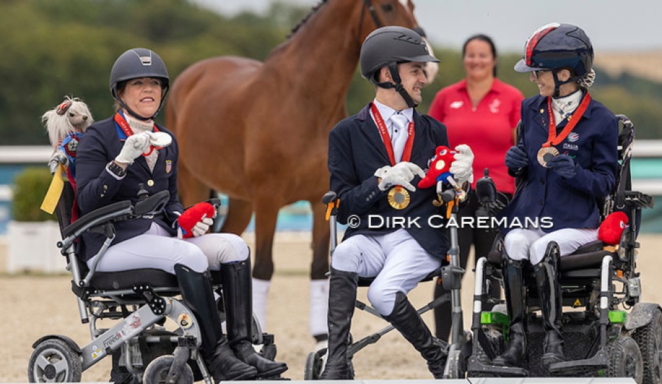 The individual medal podium for Grade I with Trunnell, Snikus and Morganti at the 2024 Paralympics :: Photo © Astrid Appels