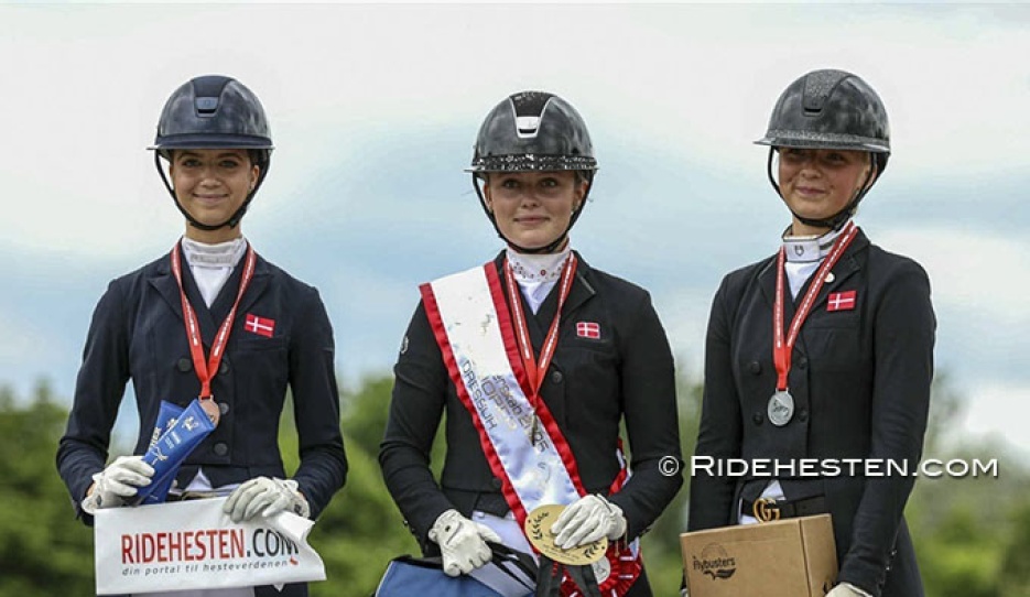 The junior podium with Qvist, Schoubye and Bøllingtoft as medallists at the 2025 Danish Junior/Young Riders Championships :: Photos © Ridehesten