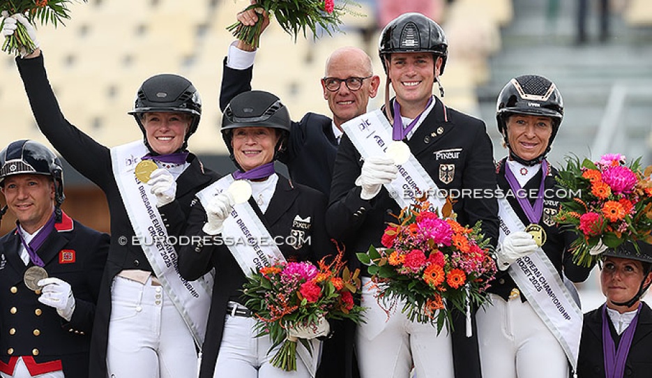 Katharina Hemmer, Isabell Werth, Frederic Wandres and Ingrid Klimke secure team gold for Germany at the 2025 European Dressage Championships in Crozet (FRA) :: Photo © Astrid Appels