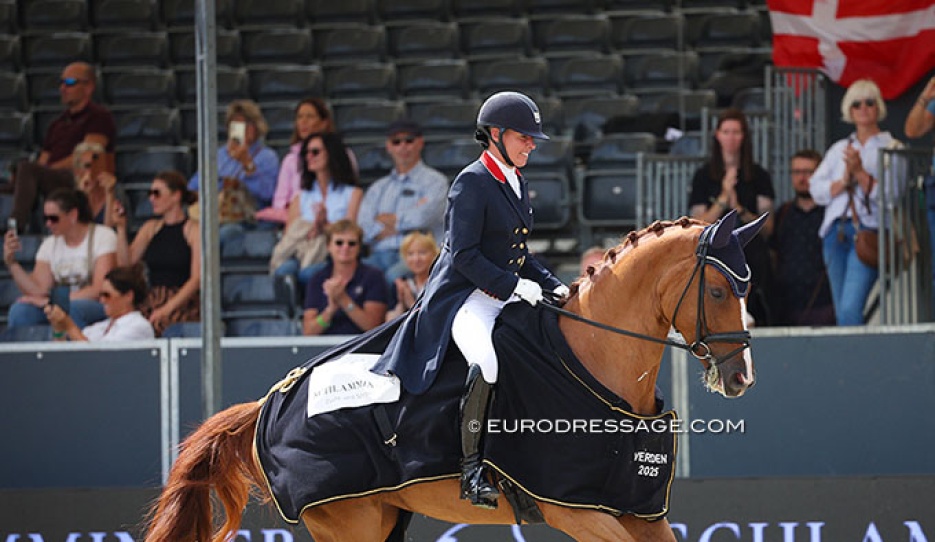 Fiona Bigwood and Quinn G win the 7-year old preliminary test at the 2025 World Young Horse Championships :: Photos © Astrid Appels