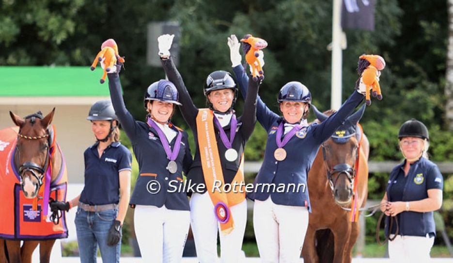 The Grade V individual podium with De Jong, Mispelkamp and Malmstrom as medallists at the 2025 European Para Dressage Championships :: Photos © Silke Rottermann