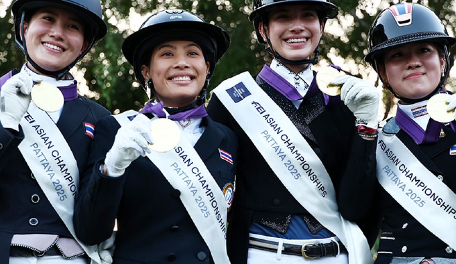 Pakjira Thongpakdi, HRH Princess Sirivannavari Nariratana Rajakanya Mahidol, Chanjanok Klara Ruecker and Nynn Puttisombat of Thailand celebrate after winning team gold during the Prix St-Georges dressage competition at the Thai Polo Club on November 25, 2025 in Pattaya, Thailand.