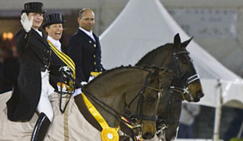 Isabell Werth on Satchmo, flanked by Anky van Grunsven and Steffen Peters at the 2010 World Dressage Masters in Wellington :: Photo © Sue Stickle