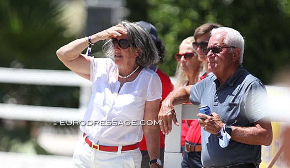 Former Swiss Grand Prix rider Silvia Ikle and Technical Delegate Gotthilf Riexinger working at the 2021 European Junior/Young Riders Championships :: Photo © Astrid Appels