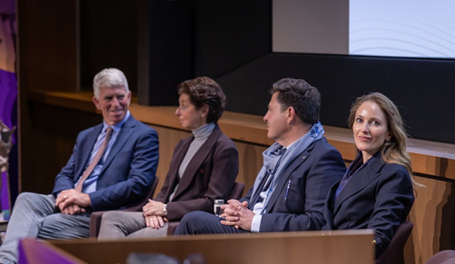 Chair of the FEI Dressage Strategic Action Plan Working Group. George Williams (USA); Monica Theodorescu (GER) and Raphaël Saleh (FRA) both members of the FEI Dressage Strategic Action Plan Working Group; and Chair of the FEI Dressage Committee Diana Al Shaer (PLE). The session was chaired by FEI Director of Dressage, Para Dressage, and Vaulting Ronan Murphy (IRL)