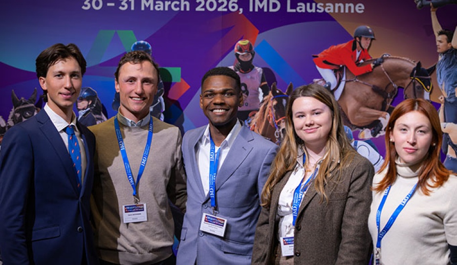 Youth panellists for Session 1 of the FEI Sports Forum 2026: Gerard Casas Maxenchs (ESP) – Endurance; Calvin Böckmann (GER) – Eventing; Renderson Silva de Olivera (BRA) – Dressage; Sarah Giulia Goldschlag (ITA) – Eventing; Katie Reilly (IRL) – Para Dressage