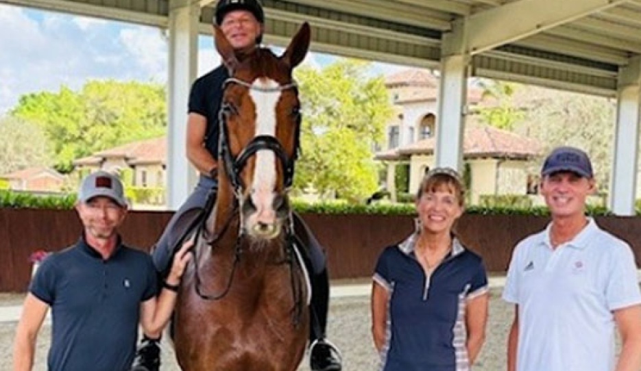 Nicholas Fyffe, David Marcus on Qosmo, horse owner Martha Stover, and Carl Hester