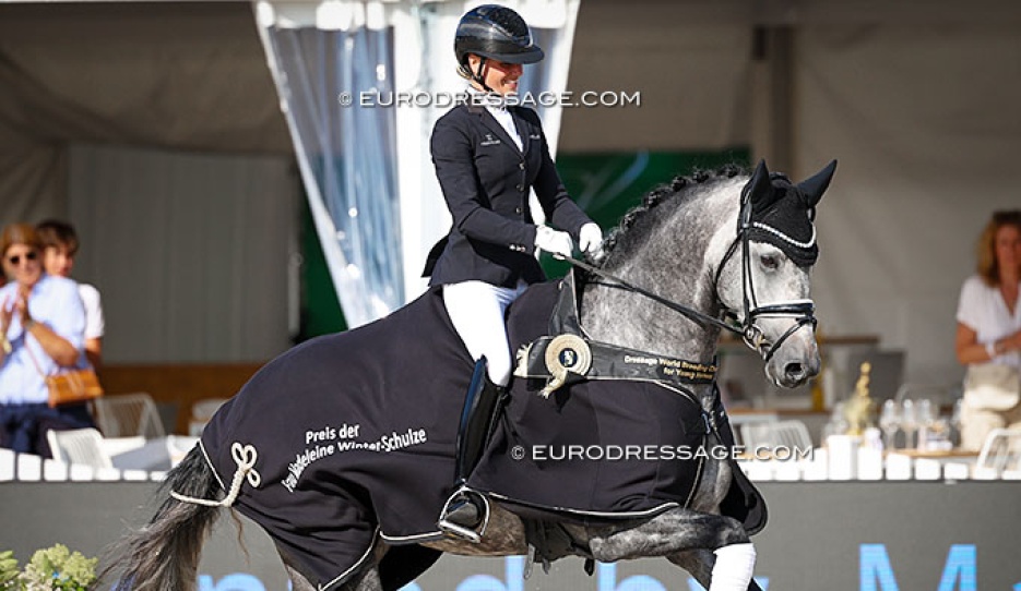 Mette Sejbjerg Jensen and Proud James win the 5-YO finals at 2025 World Young Horse Championships :: Photo © Astrid Appels