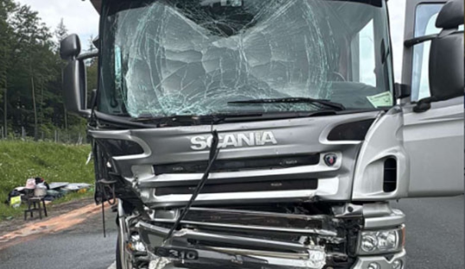 McLean's lorry after the chain collision on his way to Munich