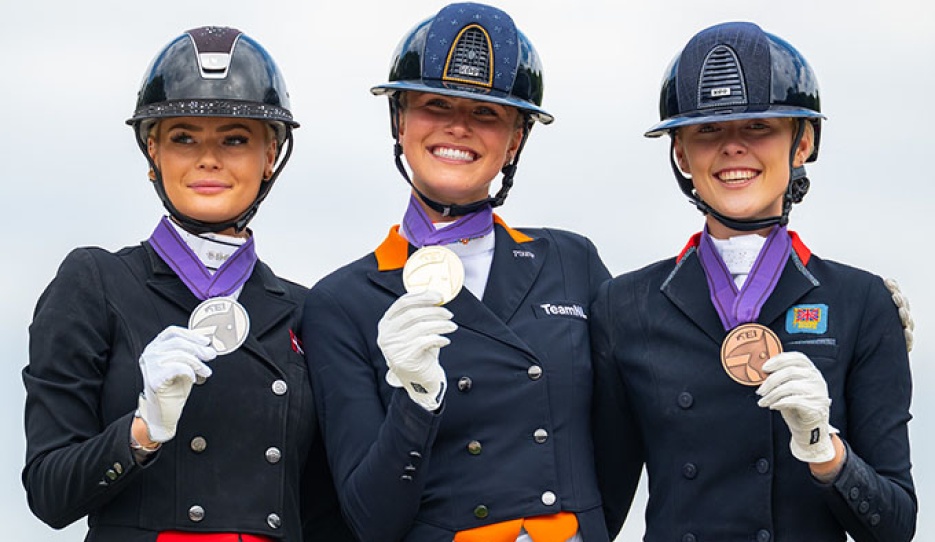 Michella Skovsager, Lara van Nek and Mette Dahl on the Kur podium at the 2026 European Young Riders Championships :: Photos © Lukasz Kowalski