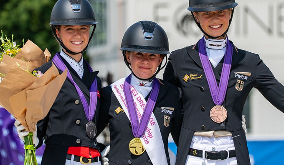  Ida Bøllingtoft Asmussen, Clara Kohoutek and Greta Wagner on the individual podium at the 2026 European Junior Riders Championships :: Photo © Lukasz Kowalski