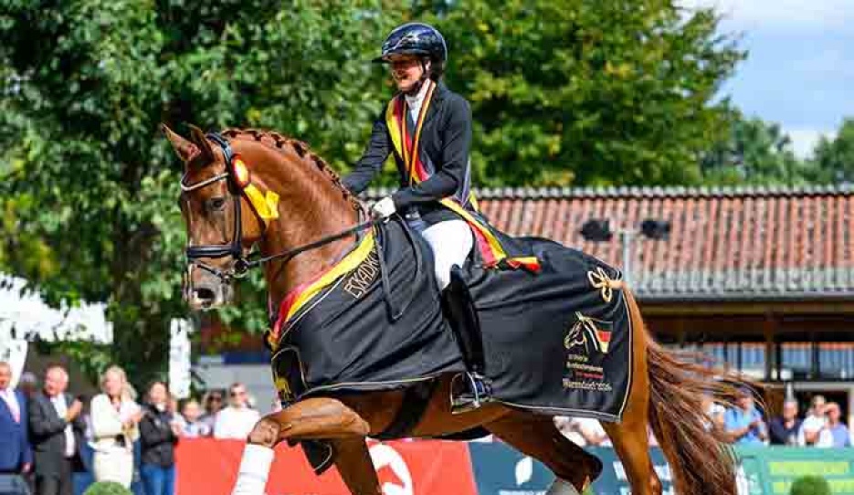Carola Koppelmann and Viva Weltina win the 5-year old finals at the 2026 Bundeschampionate :: Photo © Equitaris
