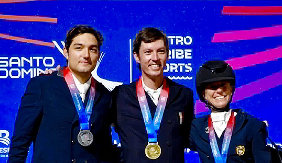 The individual podium Carlos Maldonado Lara, Mauricio Lebrija, and Marianna England at the 2026 Central American and Caribbean Games :: Photo © Carmen Franco