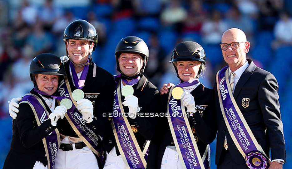 Gold for Germany at the 2026 World Championships Dressage: Werth, Wandres, Netz, Hemmer, and chef d'equipe Klaus Roeser :: Photo © Astrid Appels