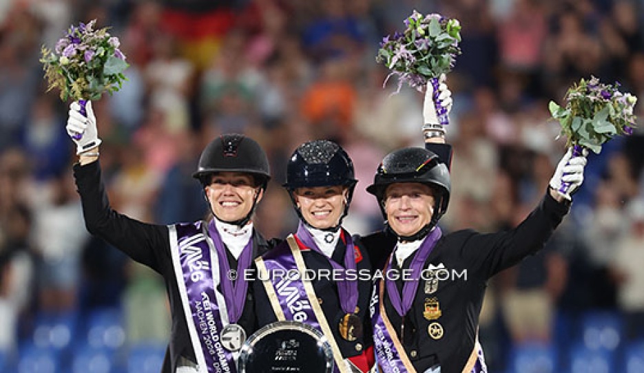 The kur podium at the 2026 World Championship: Dufour, Fry, Werth :: Photo © Astrid Appels