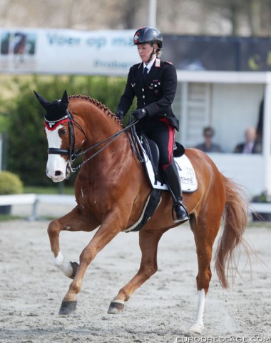 Valentina Truppa on her rising Grand Prix horse Sauvignon, a 10-year old Hanoverian gelding by Scolari x Wolkenstein II. The horse lacked in elasticity in the body and Truppa was not able to fully ride him through the collected movements. It was the chestnut's first CDI at GP level and second CDI in his career.