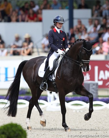 With a 75.128% in the Grand Prix Special, Charlotte Fry and Dark Legend most likely rode themselves on the British team for Rotterdam.  Fry is very capable in steering the tall black through the test. Overall the horse needed to relax more and swing in the back.