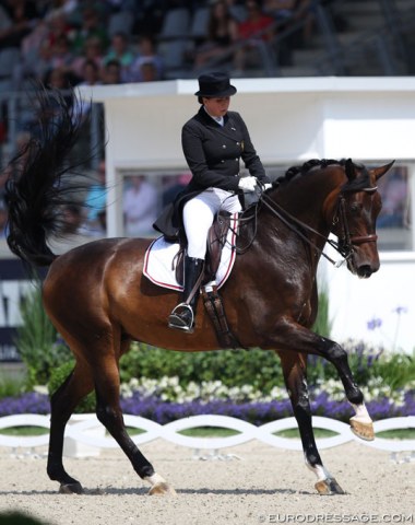Inessa Merkulova on her second Grand Prix horse Arums (by Aromat) in Aachen, while Mister X is recovering from a hoof injury sustained during transport